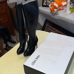 Nine West Black Leather Knee-High Stiletto Boots